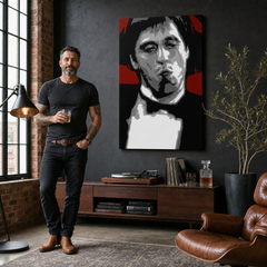 Ръчно рисувана картина POP Art AL PACINO 1 брой al12 – картина в модерен мъжки интериор, lifestyle визуализация. Доминиращи цветове: червено, черно, сиво, бяло.