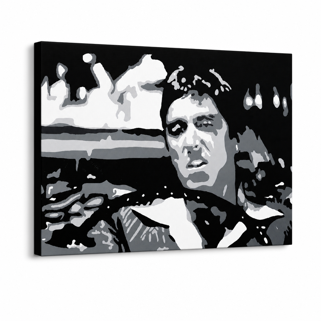 Ръчно рисувана картина POP Art AL PACINO 1 брой al13 – 3D визуализация на ръчно рисувано платно на бял фон. Доминиращи цветове: черно, бяло, сиво.
