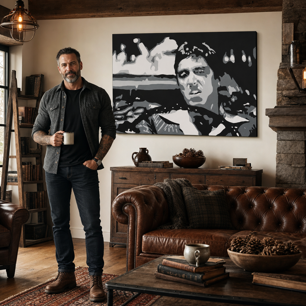 Ръчно рисувана картина POP Art AL PACINO 1 брой al13 – картина в модерен мъжки интериор, lifestyle визуализация. Доминиращи цветове: черно, бяло, сиво.