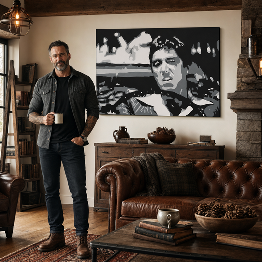 Ръчно рисувана картина POP Art AL PACINO 1 брой al13 – картина в модерен мъжки интериор, lifestyle визуализация. Доминиращи цветове: черно, бяло, сиво.