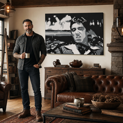 Ръчно рисувана картина POP Art AL PACINO 1 брой al13 – картина в модерен мъжки интериор, lifestyle визуализация. Доминиращи цветове: черно, бяло, сиво.