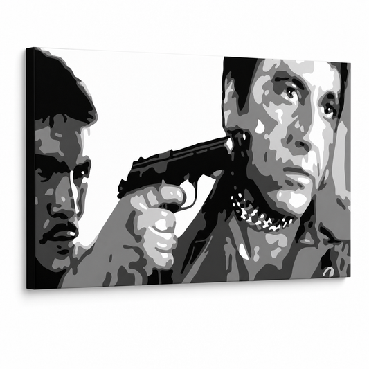 Ръчно рисувана картина POP Art AL PACINO 1 брой al20 – 3D визуализация на ръчно рисувано платно на бял фон. Доминиращи цветове: черно, бяло, сиво.