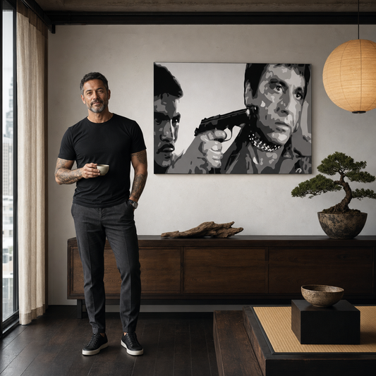 Ръчно рисувана картина POP Art AL PACINO 1 брой al20 – картина в модерен мъжки интериор, lifestyle визуализация. Доминиращи цветове: черно, бяло, сиво.