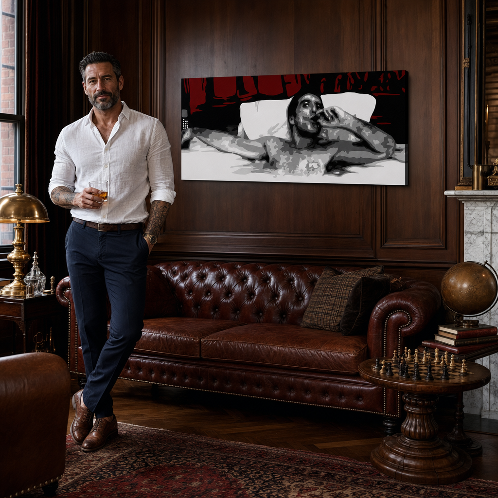 Ръчно рисувана картина POP Art AL PACINO 1 брой al21 – картина в модерен мъжки интериор, lifestyle визуализация. Доминиращи цветове: черно, червено, бяло.