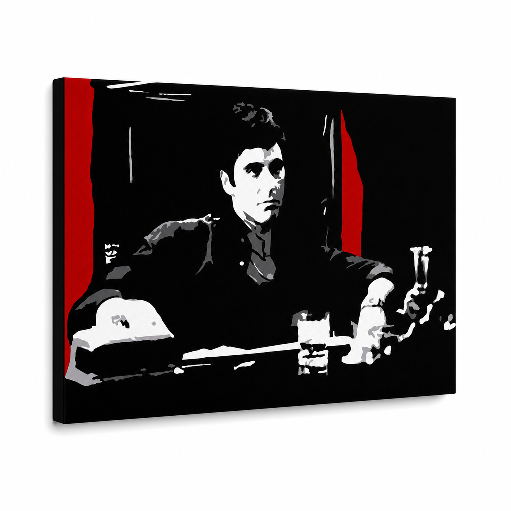 Ръчно рисувана картина POP Art AL PACINO 1 брой al30 – 3D визуализация на ръчно рисувано платно на бял фон. Доминиращи цветове: черно, червено, сиво, бяло.