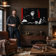Ръчно рисувана картина POP Art AL PACINO 1 брой al30 – картина в модерен мъжки интериор, lifestyle визуализация. Доминиращи цветове: черно, червено, сиво, бяло.