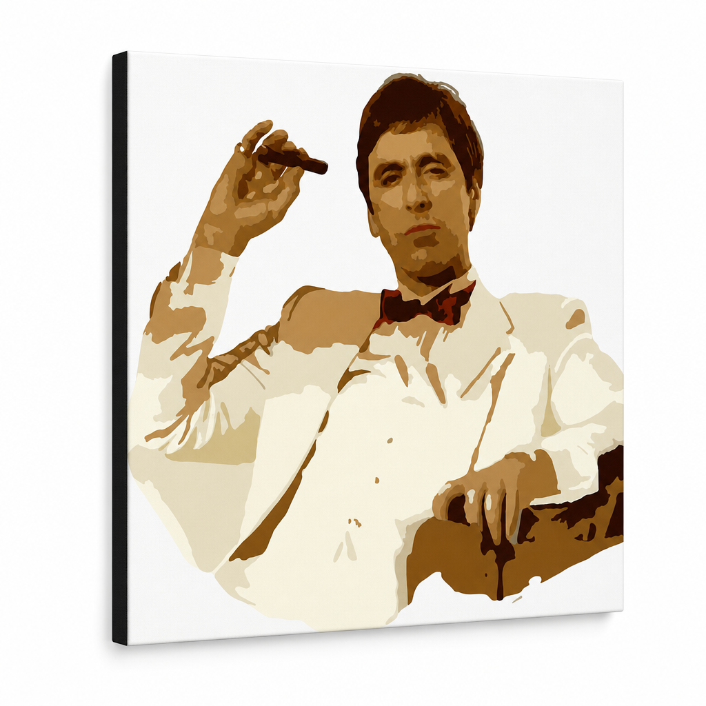 Ръчно рисувана картина POP Art AL PACINO 1 брой al35 – 3D визуализация на ръчно рисувано платно на бял фон. Доминиращи цветове: кафяво, бяло, златно.