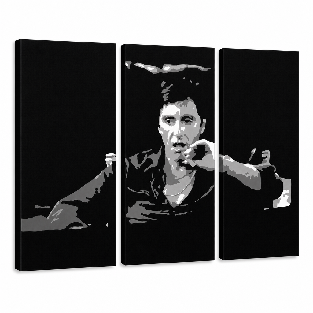 Ръчно рисувана картина POP Art AL PACINO 3 парчета al16 – 3D визуализация на ръчно рисувано платно на бял фон. Доминиращи цветове: черно, сиво, бяло.