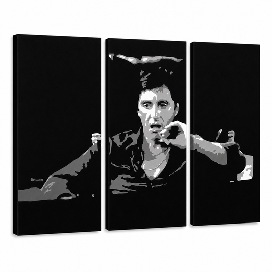 Ръчно рисувана картина POP Art AL PACINO 3 парчета al16 – 3D визуализация на ръчно рисувано платно на бял фон. Доминиращи цветове: черно, сиво, бяло.
