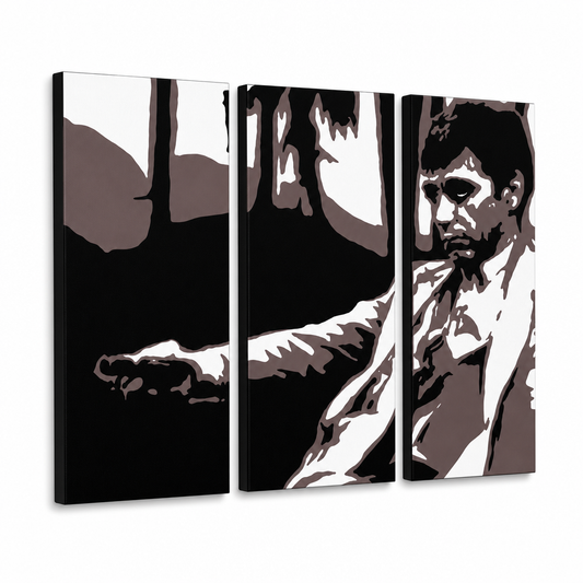 Ръчно рисувана картина POP Art AL PACINO 3 парчета al24 – 3D визуализация на ръчно рисувано платно на бял фон. Доминиращи цветове: черно, кафяво, бяло, сиво.