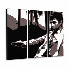 Ръчно рисувана картина POP Art AL PACINO 3 парчета al24 – 3D визуализация на ръчно рисувано платно на бял фон. Доминиращи цветове: черно, кафяво, бяло, сиво.