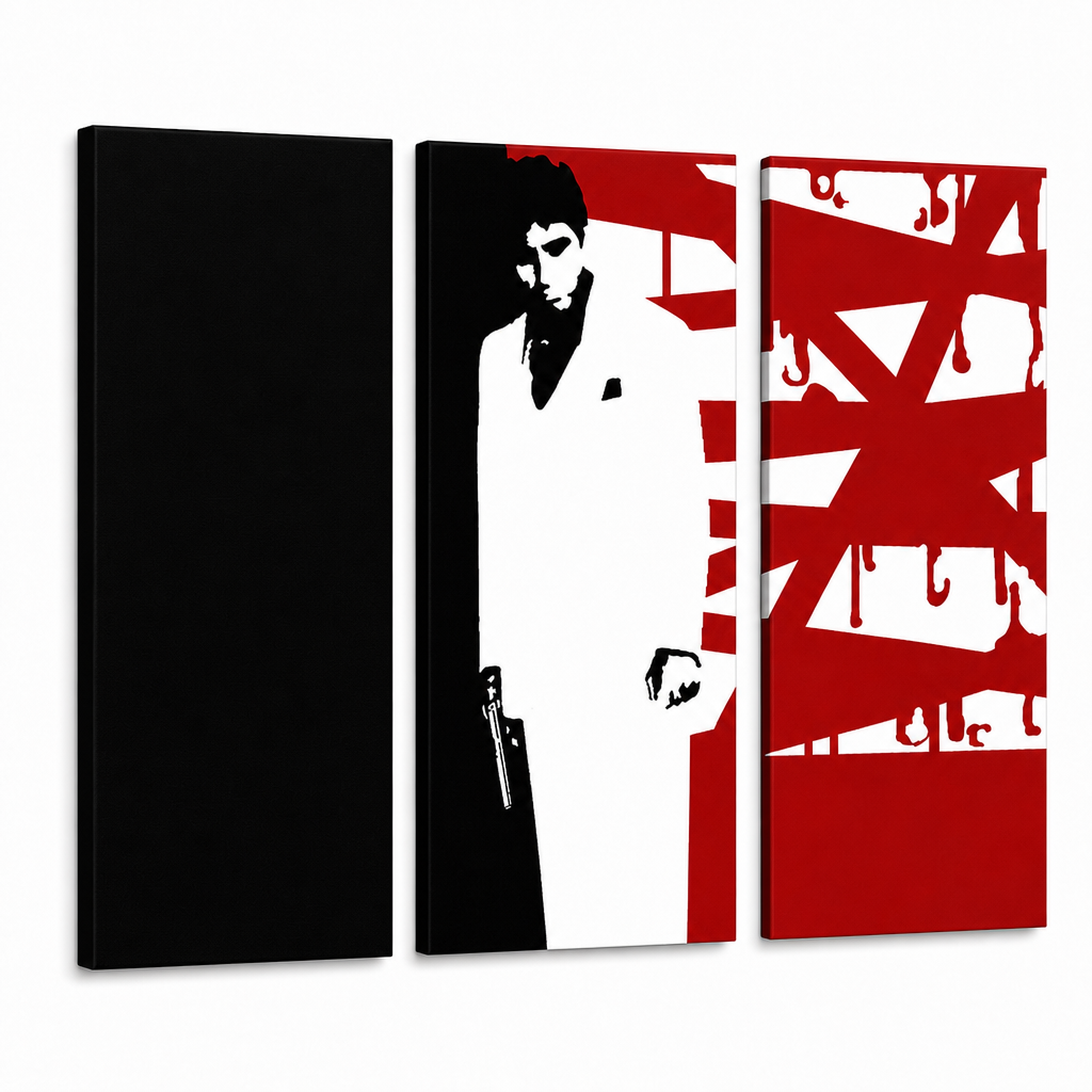 Ръчно рисувана картина POP Art AL PACINO 3 парчета al33 – 3D визуализация на ръчно рисувано платно на бял фон. Доминиращи цветове: черно, бяло, червено.