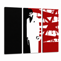 Ръчно рисувана картина POP Art AL PACINO 3 парчета al33 – 3D визуализация на ръчно рисувано платно на бял фон. Доминиращи цветове: черно, бяло, червено.