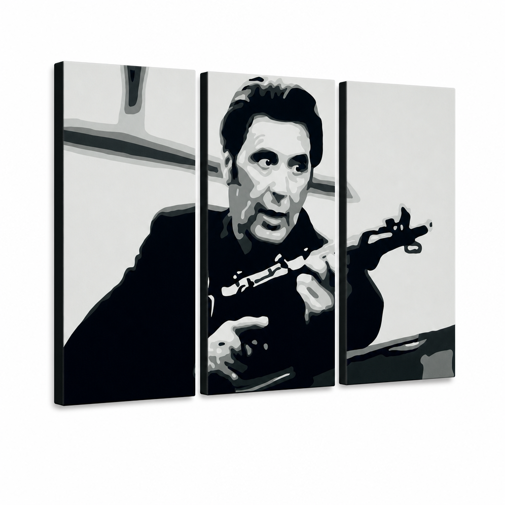 Ръчно рисувана картина POP Art AL PACINO 3 парчета al4 – 3D визуализация на ръчно рисувано платно на бял фон. Доминиращи цветове: черно, бяло, сиво.