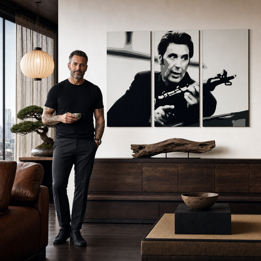 Ръчно рисувана картина POP Art AL PACINO 3 парчета al4 – картина в модерен мъжки интериор, lifestyle визуализация. Доминиращи цветове: черно, бяло, сиво.