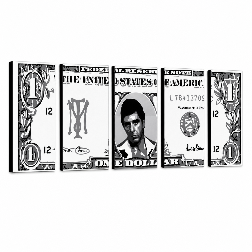 Ръчно рисувана картина POP Art AL PACINO 5 парчета al3 – 3D визуализация на ръчно рисувано платно на бял фон. Доминиращи цветове: черно, бяло, сиво.