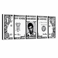 Ръчно рисувана картина POP Art AL PACINO 5 парчета al3 – 3D визуализация на ръчно рисувано платно на бял фон. Доминиращи цветове: черно, бяло, сиво.