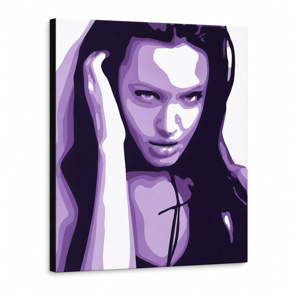 Ръчно рисувана картина POP Art Анджелина Джоли 1 част aj2 – 3D визуализация на ръчно рисувано платно на бял фон. Доминиращи цветове: лилаво, черно, бяло.