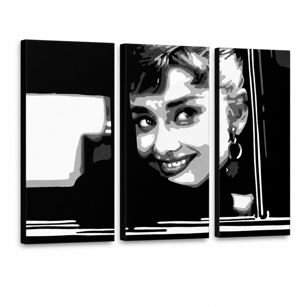 Ръчно рисувана картина POP Art Audrey HEPBHURN 3 броя ah1 – 3D визуализация на ръчно рисувано платно на бял фон. Доминиращи цветове: черно, бяло, сиво.