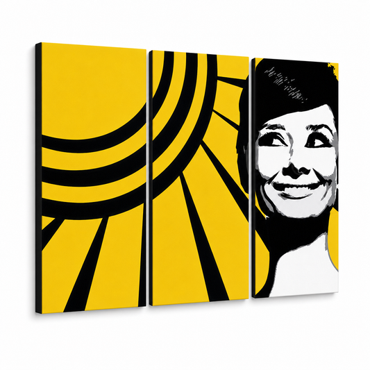 Ръчно рисувана картина POP Art Audrey HEPBHURN 3 броя ah2 – 3D визуализация на ръчно рисувано платно на бял фон. Доминиращи цветове: жълто, черно, бяло.