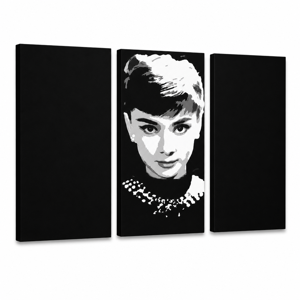 Ръчно рисувана картина POP Art Audrey HEPBHURN 3 парчета ах – 3D визуализация на ръчно рисувано платно на бял фон. Доминиращи цветове: черно, бяло, сиво.