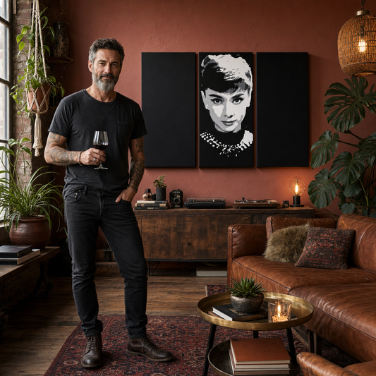 Ръчно рисувана картина POP Art Audrey HEPBHURN 3 парчета ах – картина в модерен мъжки интериор, lifestyle визуализация. Доминиращи цветове: черно, бяло, сиво.