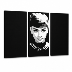 Ръчно рисувана картина POP Art Audrey HEPBHURN 3 парчета ах – 3D визуализация на ръчно рисувано платно на бял фон. Доминиращи цветове: черно, бяло, сиво.
