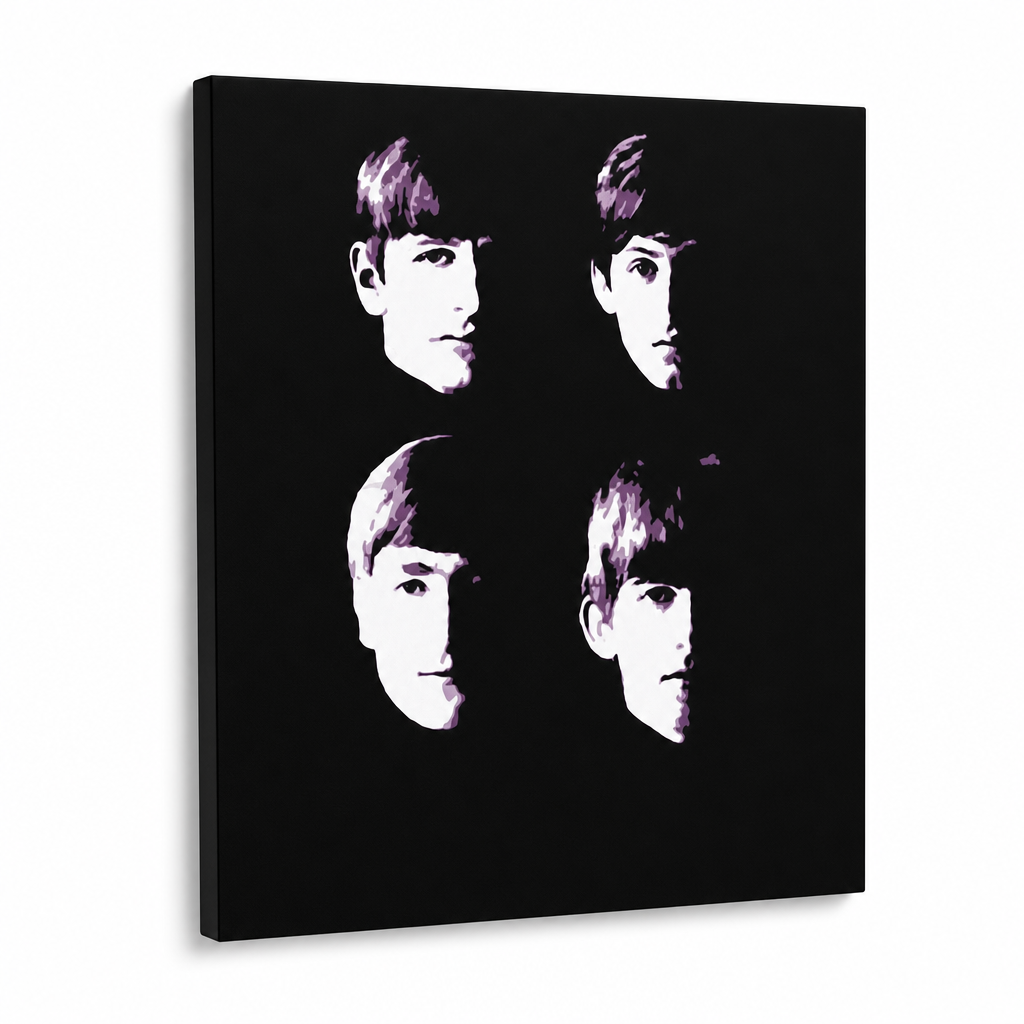Ръчно рисувана картина POP Art BEATLES 1 брой beat10 – 3D визуализация на ръчно рисувано платно на бял фон. Доминиращи цветове: черно, бяло, лилаво.