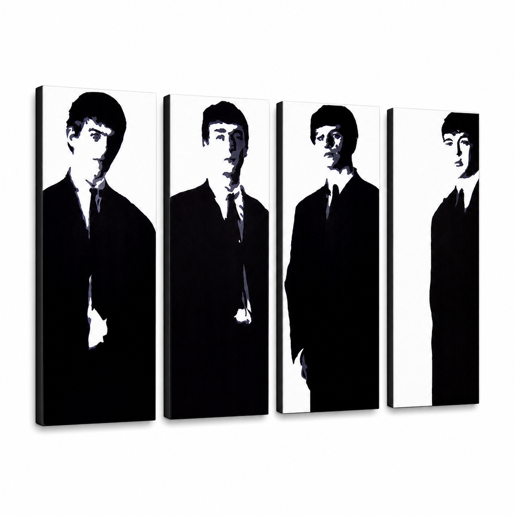 Ръчно рисувана картина POP Art Beatles 4 броя bea3 – 3D визуализация на ръчно рисувано платно на бял фон. Доминиращи цветове: черно, бяло, сиво.