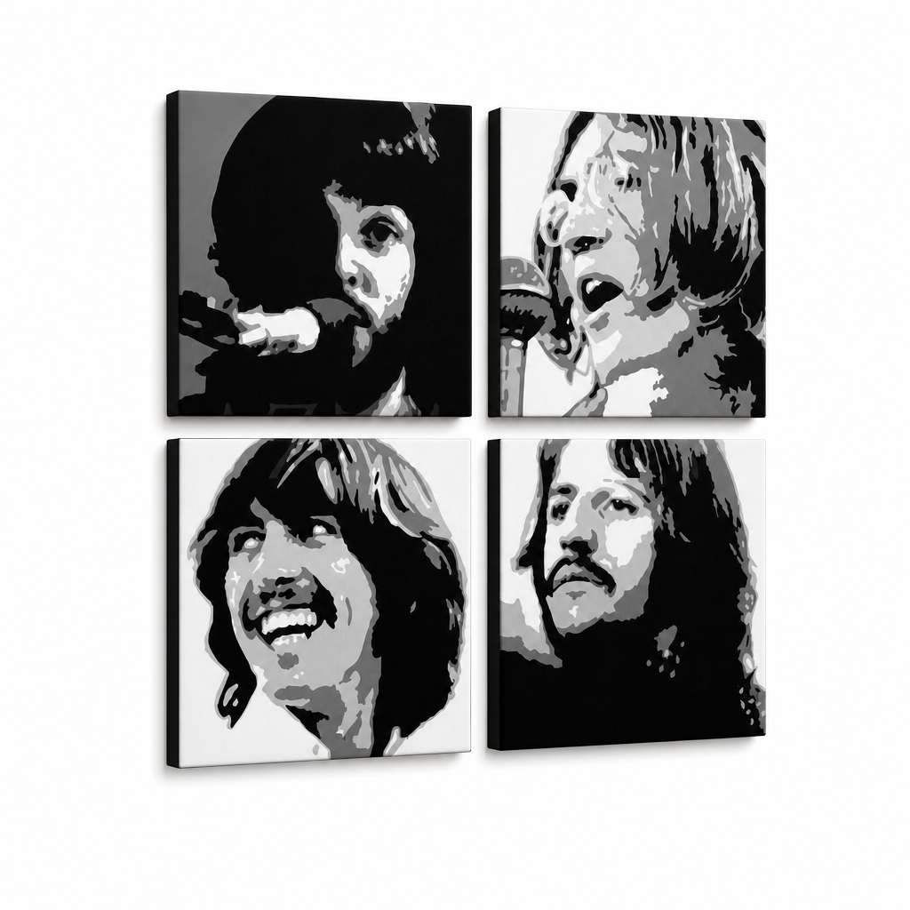 Ръчно рисувана картина POP Art BEATLES 4 броя bea4 – 3D визуализация на ръчно рисувано платно на бял фон. Доминиращи цветове: черно, бяло, сиво.