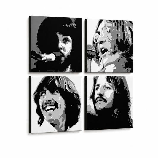 Ръчно рисувана картина POP Art BEATLES 4 броя bea4 – 3D визуализация на ръчно рисувано платно на бял фон. Доминиращи цветове: черно, бяло, сиво.