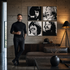 Ръчно рисувана картина POP Art BEATLES 4 броя bea4 – картина в модерен мъжки интериор, lifestyle визуализация. Доминиращи цветове: черно, бяло, сиво.