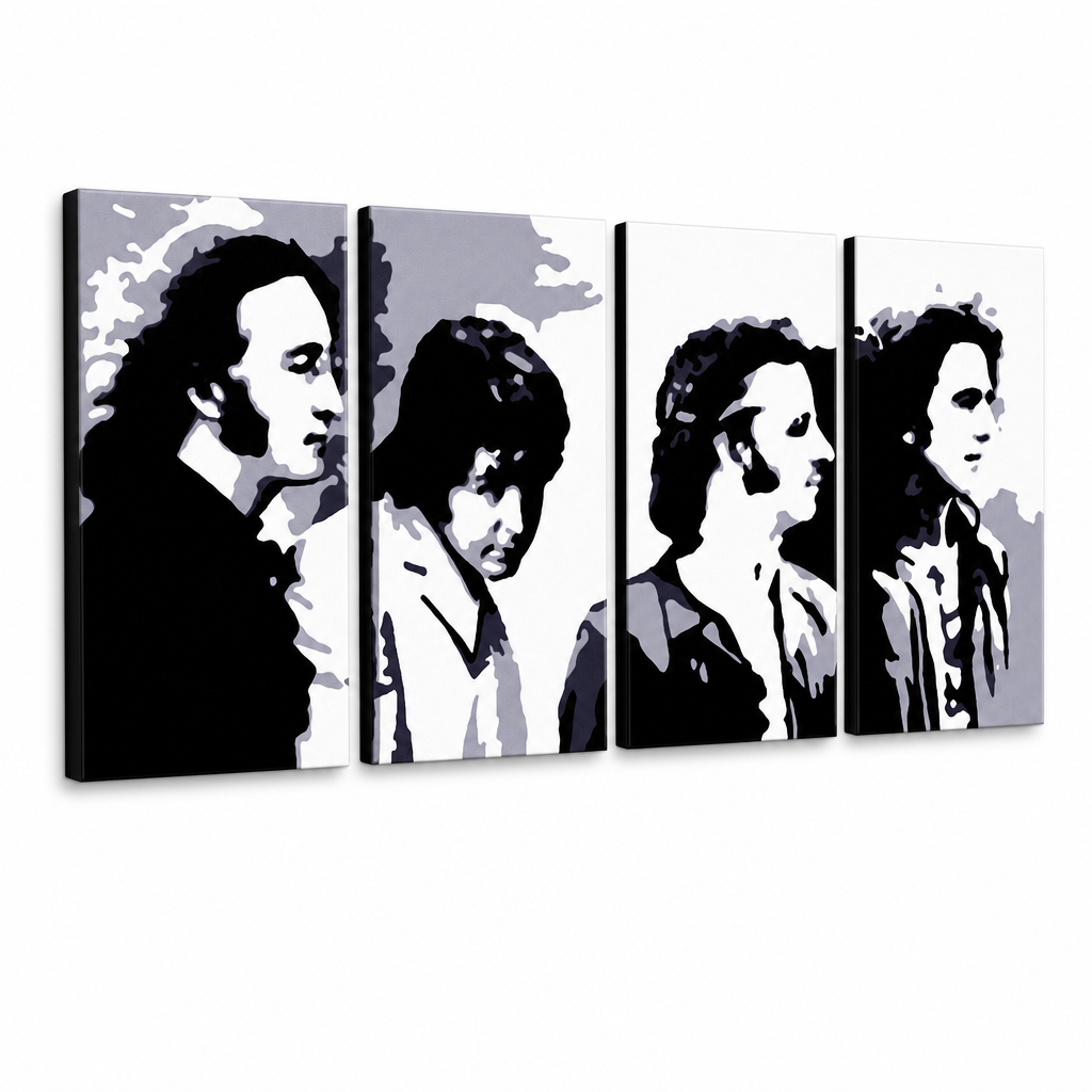 Ръчно рисувана картина POP Art Beatles 4 броя bea5 – 3D визуализация на ръчно рисувано платно на бял фон. Доминиращи цветове: черно, сиво, бяло, златно.