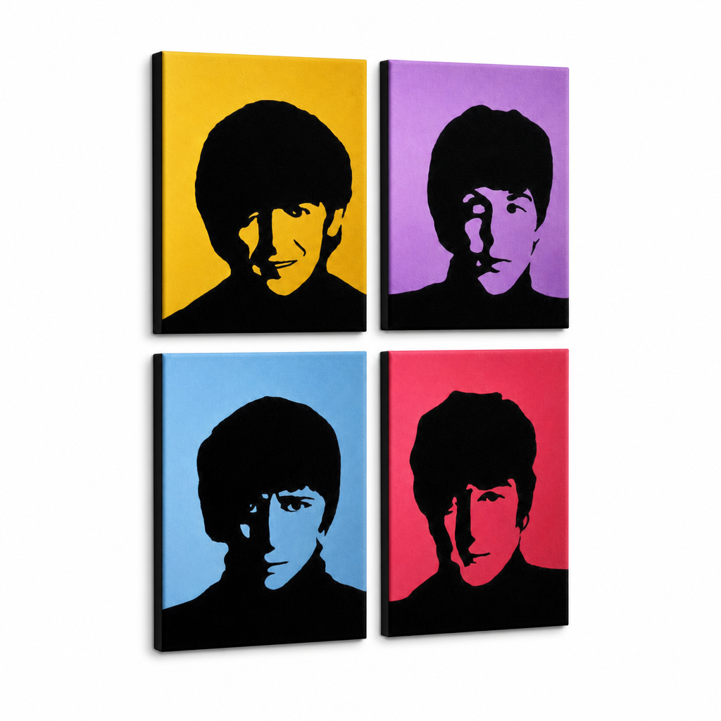 Ръчно рисувана картина POP Art BEATLES 4 броя bea6 – 3D визуализация на ръчно рисувано платно на бял фон. Доминиращи цветове: жълто, лилаво, синьо, червено, черно.