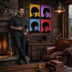 Ръчно рисувана картина POP Art BEATLES 4 броя bea6 – картина в модерен мъжки интериор, lifestyle визуализация. Доминиращи цветове: жълто, лилаво, синьо, червено, черно.