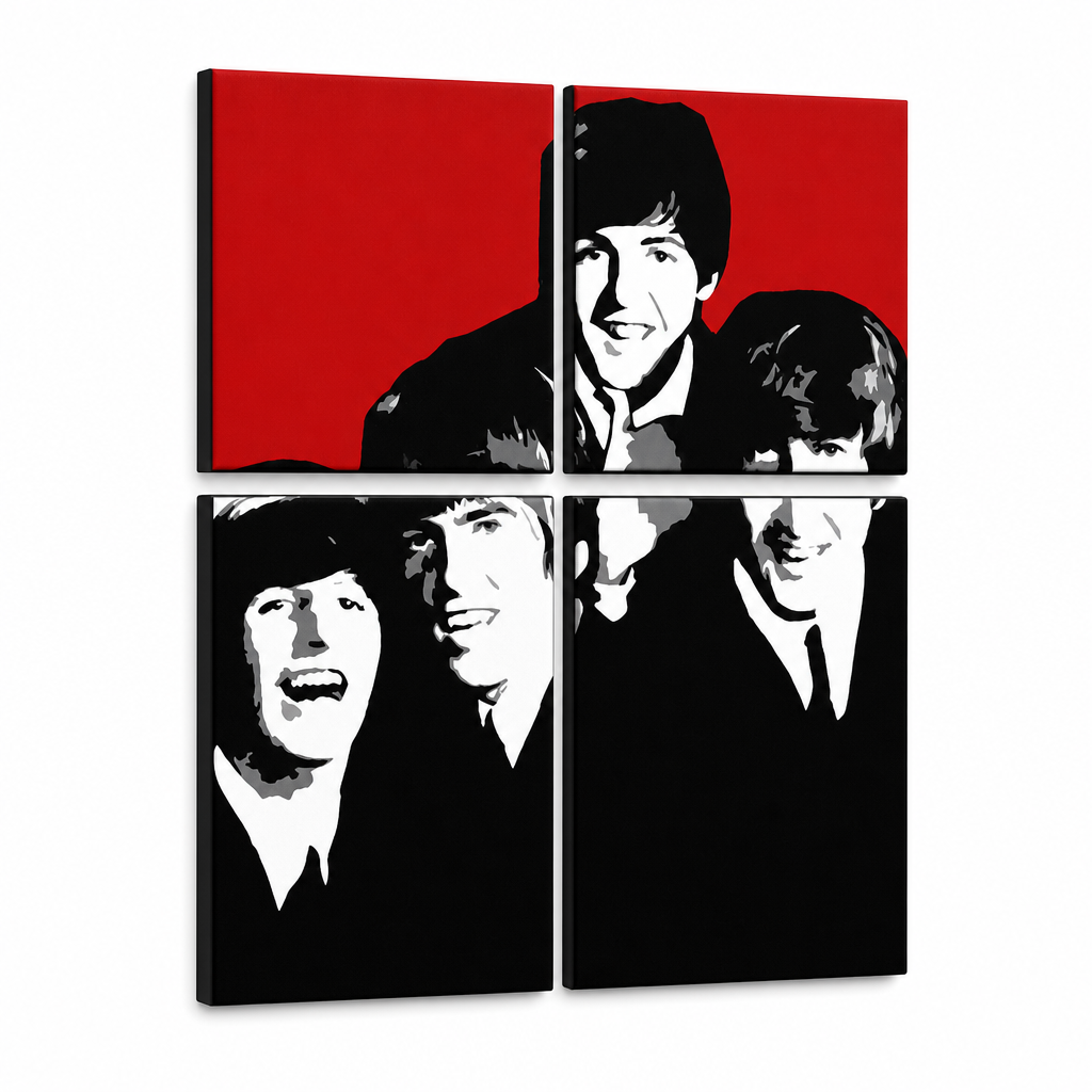 Ръчно рисувана картина POP Art BEATLES 4 броя bea7 – 3D визуализация на ръчно рисувано платно на бял фон. Доминиращи цветове: червено, черно, бяло, сиво.