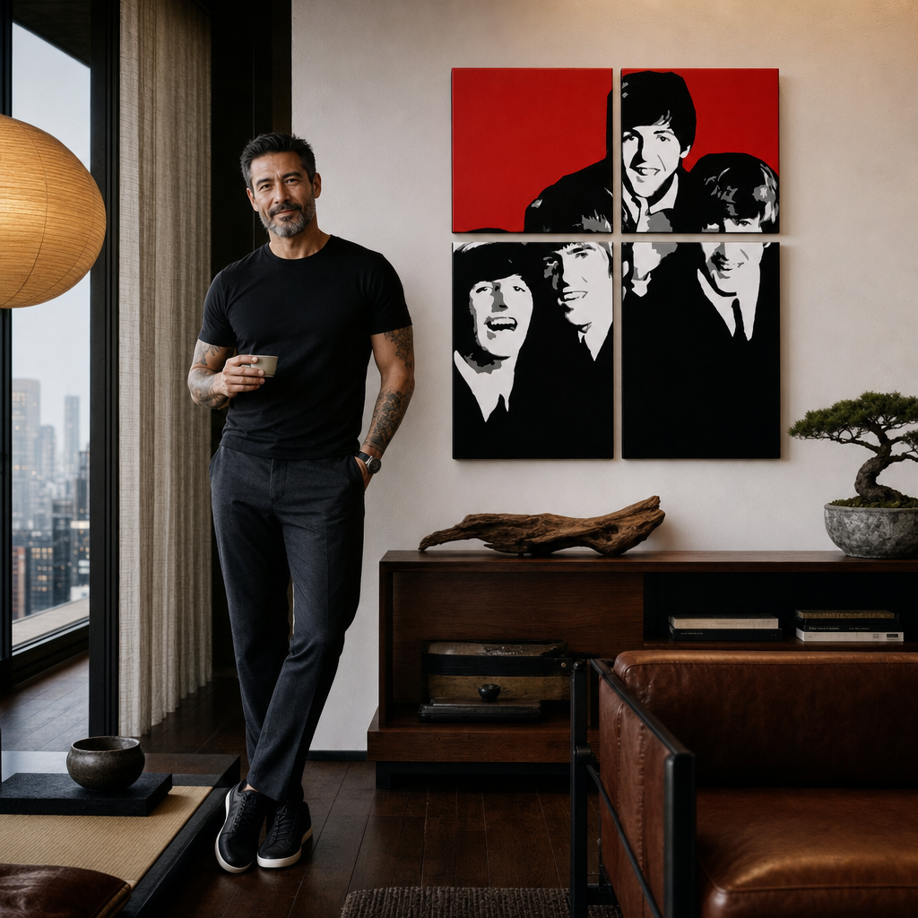 Ръчно рисувана картина POP Art BEATLES 4 броя bea7 – картина в модерен мъжки интериор, lifestyle визуализация. Доминиращи цветове: червено, черно, бяло, сиво.