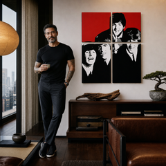 Ръчно рисувана картина POP Art BEATLES 4 броя bea7 – картина в модерен мъжки интериор, lifestyle визуализация. Доминиращи цветове: червено, черно, бяло, сиво.