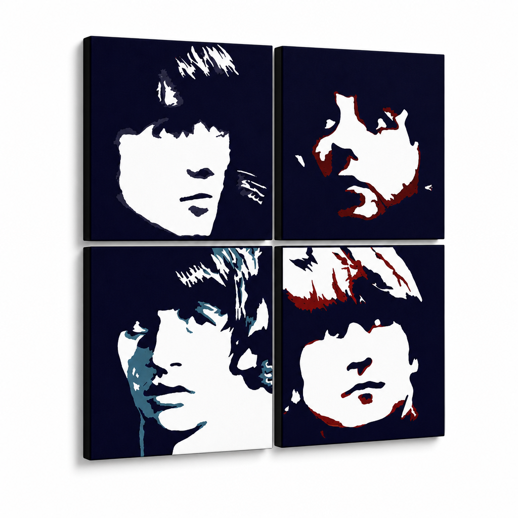 Ръчно рисувана картина POP Art BEATLES 4 парчета beat – 3D визуализация на ръчно рисувано платно на бял фон. Доминиращи цветове: черно, синьо, червено, бежово.