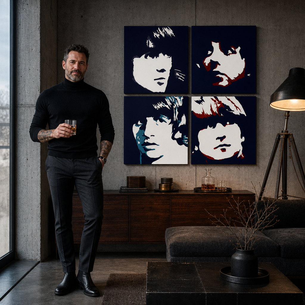 Ръчно рисувана картина POP Art BEATLES 4 парчета beat – картина в модерен мъжки интериор, lifestyle визуализация. Доминиращи цветове: черно, синьо, червено, бежово.