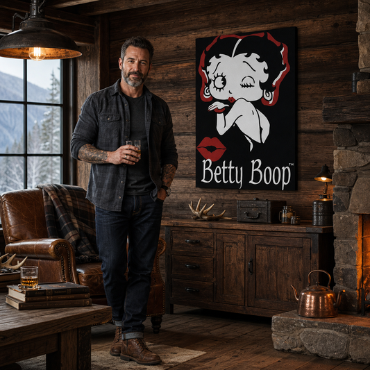 Ръчно рисувана картина POP Art Betty Boop 1 брой bb – картина в модерен мъжки интериор, lifestyle визуализация. Доминиращи цветове: черно, червено, бяло.