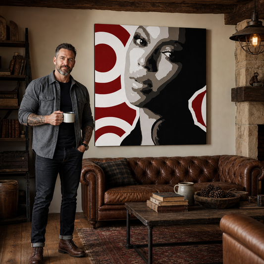 Ръчно рисувана картина POP Art BEYONCÉ 1 брой bey3 – картина в модерен мъжки интериор, lifestyle визуализация. Доминиращи цветове: черно, червено, кафяво, бяло, сиво.