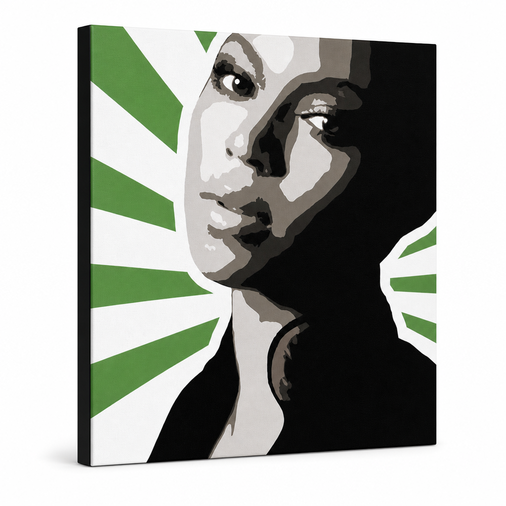 Ръчно рисувана картина POP Art BEYONCÉ 1 брой bey4 – 3D визуализация на ръчно рисувано платно на бял фон. Доминиращи цветове: зелено, черно, сиво, бяло, розово.