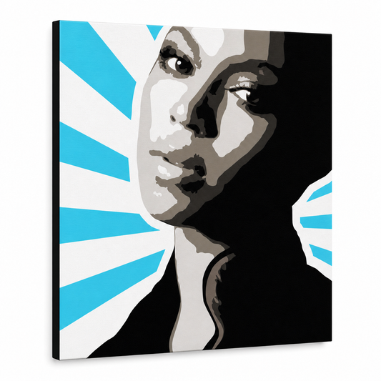 Ръчно рисувана картина POP Art BEYONCÉ 1 брой bey5 – 3D визуализация на ръчно рисувано платно на бял фон. Доминиращи цветове: черно, синьо, бяло, сиво, кафяво.