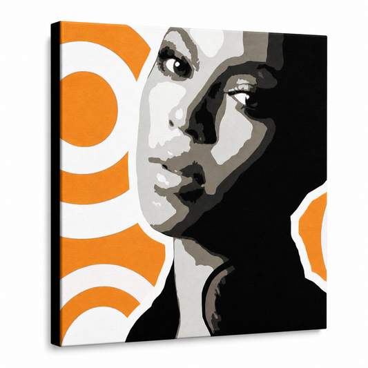 Ръчно рисувана картина POP Art BEYONCÉ 1 брой bey6 – 3D визуализация на ръчно рисувано платно на бял фон. Доминиращи цветове: черно, оранжево, бяло, сиво.
