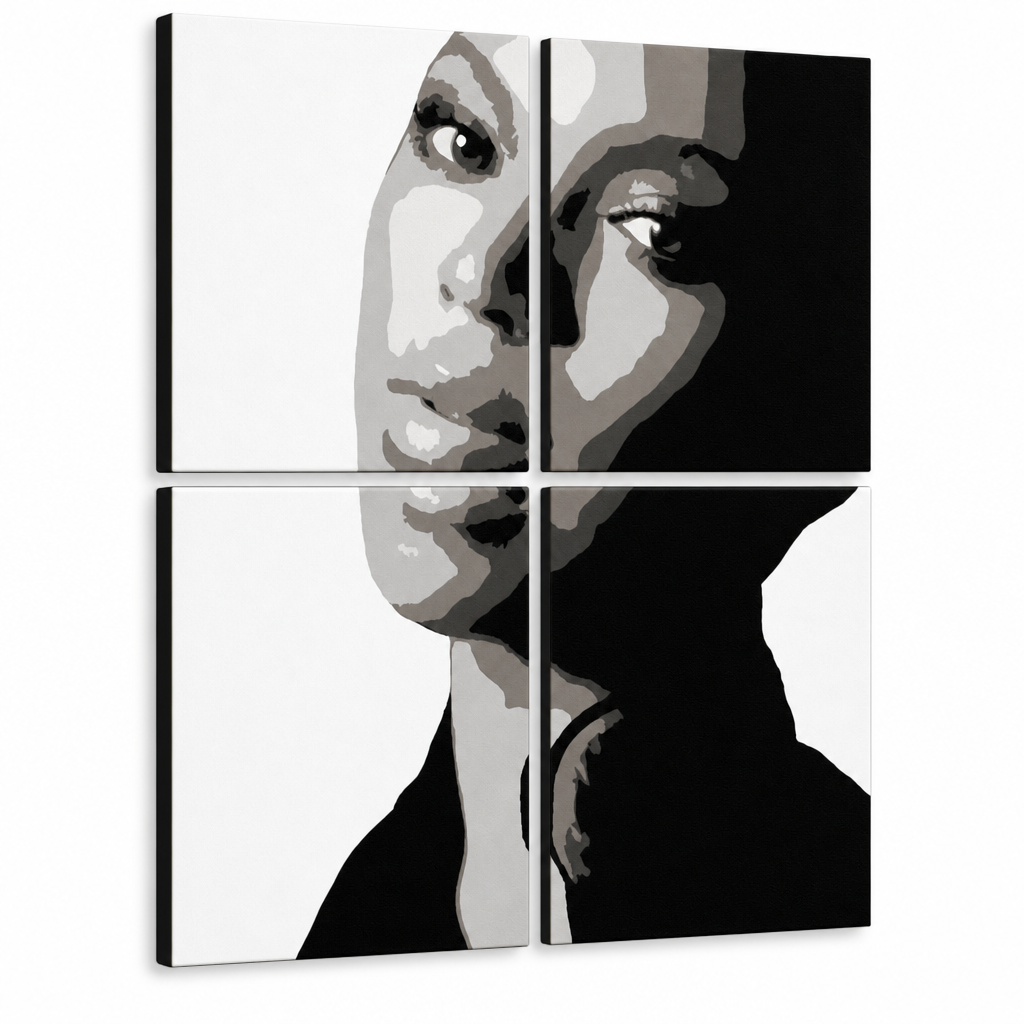 Ръчно рисувана картина POP Art BEYONCÉ 4 части bey – 3D визуализация на ръчно рисувано платно на бял фон. Доминиращи цветове: черно, бяло, сиво.