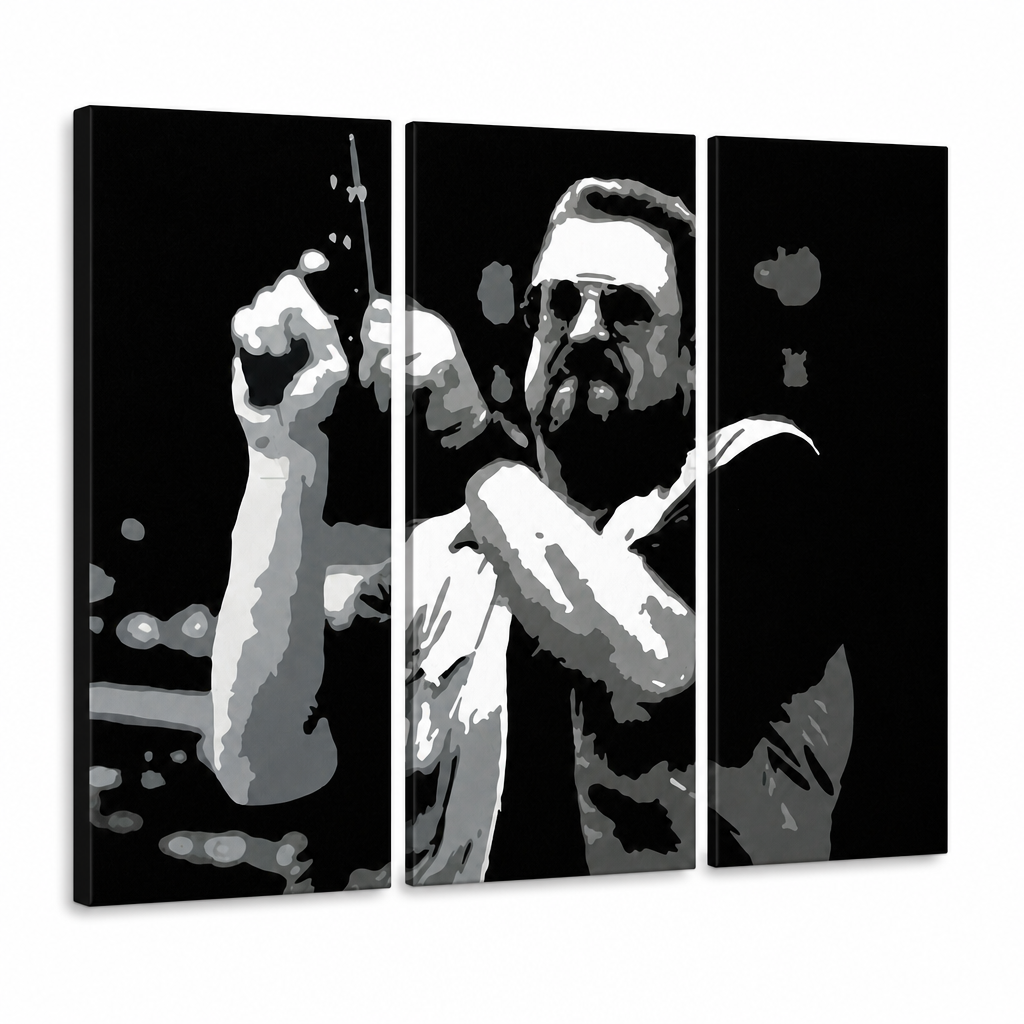 Ръчно рисувана картина POP Art Big Lebowski 3 части бл – 3D визуализация на ръчно рисувано платно на бял фон. Доминиращи цветове: черно, бяло, сиво.