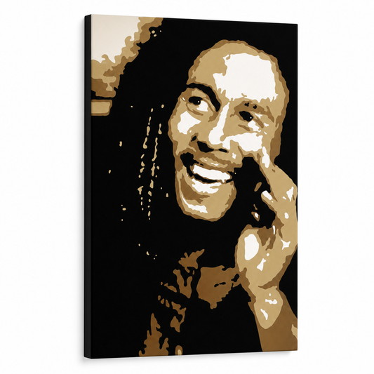 Ръчно рисувана картина POP Art Bob Marley 1 част bm – 3D визуализация на ръчно рисувано платно на бял фон. Доминиращи цветове: черно, кафяво, бяло, златно.