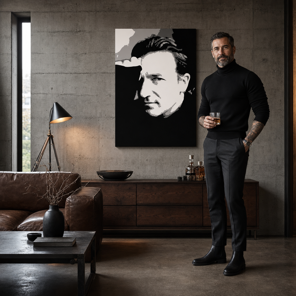 Ръчно рисувана картина POP Art Bono-U2 1 брой bono – картина в модерен мъжки интериор, lifestyle визуализация. Доминиращи цветове: черно, бяло, сиво.