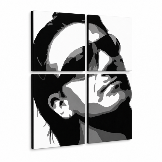 Ръчно рисувана картина POP Art Bono-U2 4 броя bono2 – 3D визуализация на ръчно рисувано платно на бял фон. Доминиращи цветове: черно, бяло, сиво.